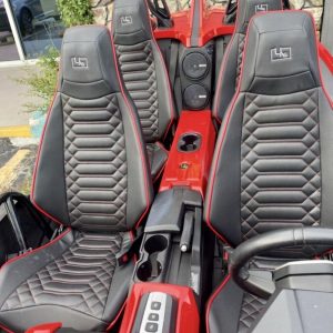 Padded Seat Covers for the Polaris Slingshot in Lazio pattern with red stitching