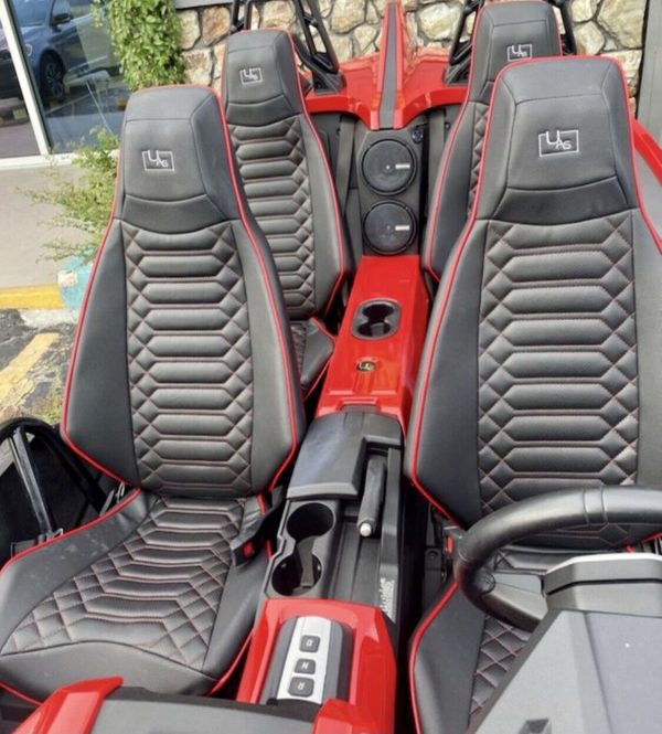 Padded Seat Covers for the Polaris Slingshot in Lazio pattern with red stitching